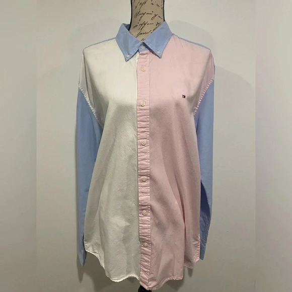 Tommy Hilfiger Long sleeve button down blue pink white color block shirt size XL - Picture 11 of 11